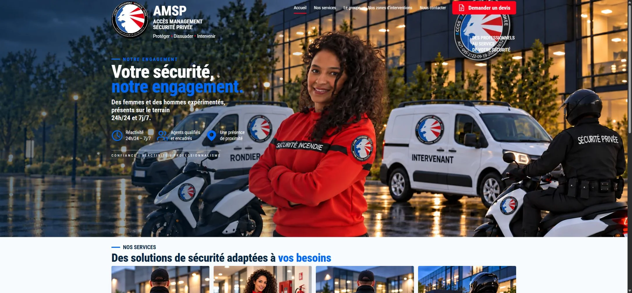 Site AMSP France : Votre sécurité, notre engagement, sur une photographie d’agents de sécurité.